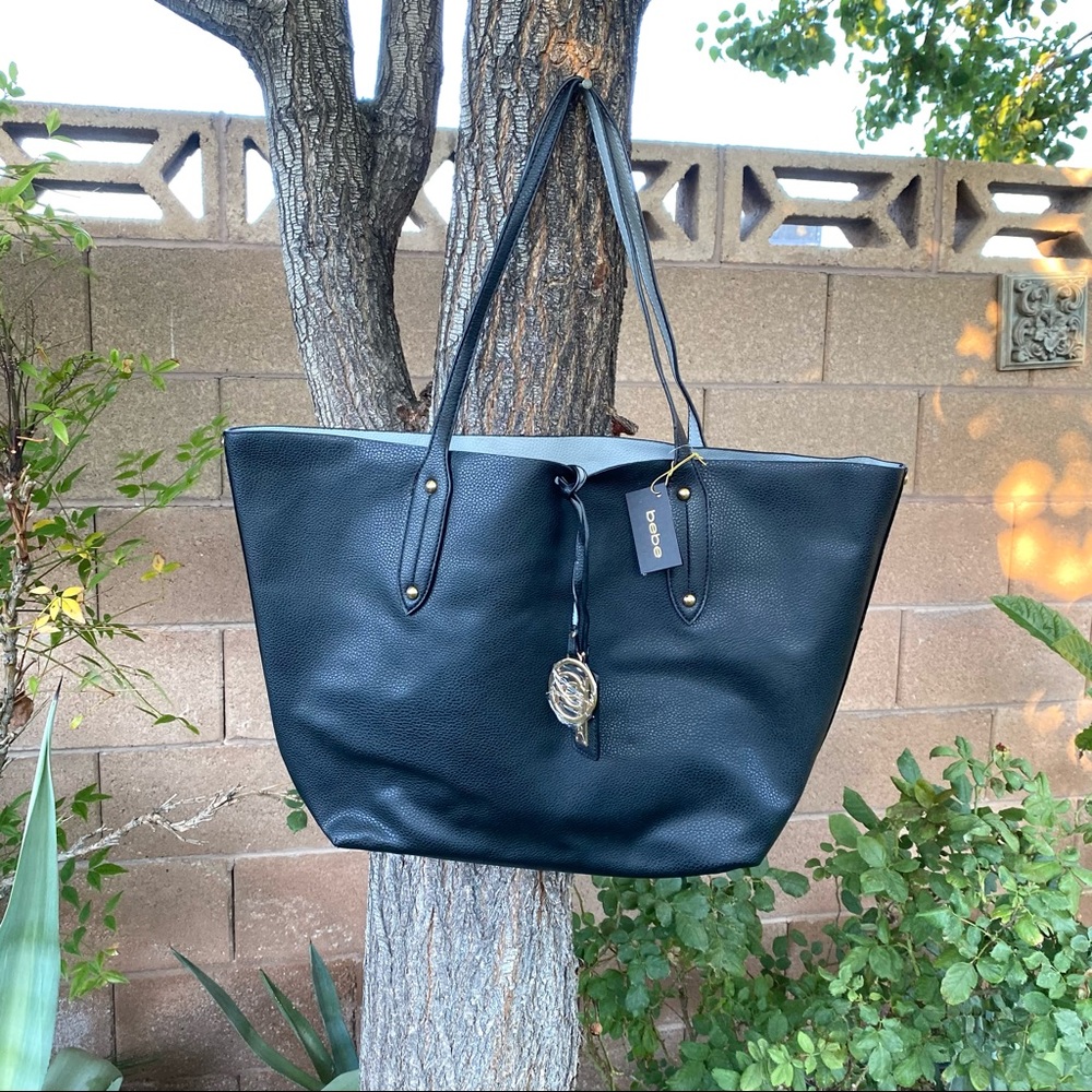 Bebe Reversible Black Gray Large Tote Hand Bag